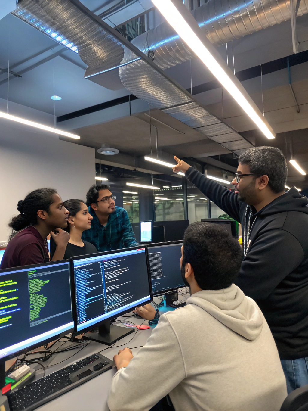 AI Hub engineering team collaborating on system architecture around workstations and schematics